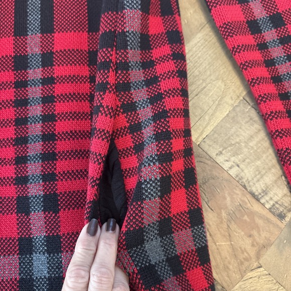 Talbots Cardigan Sweater Open Front Red Black Gray Tartan Plaid Cotton Knit - Picture 2 of 5